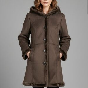 JONES NEW YORK BUTTON UP WINTER COAT WOMEN S-8 BROWN HOODED FAUX FUR TRIM